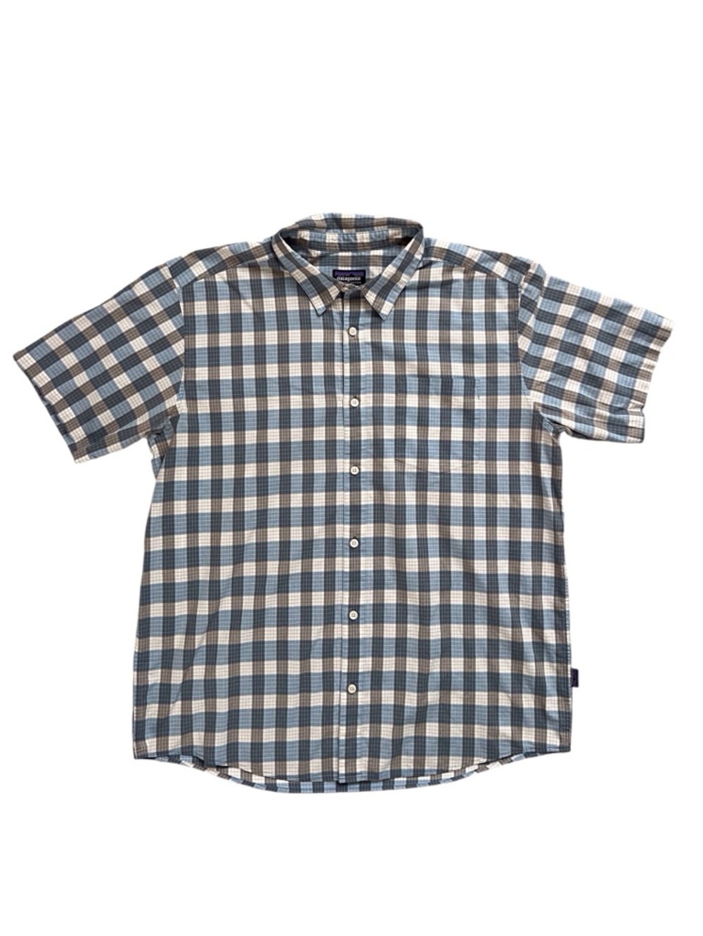 Patagonia Men’s Fezzman Shirt Blue Tan Plaid Short Sleeve Outdoor Gorpcore Large